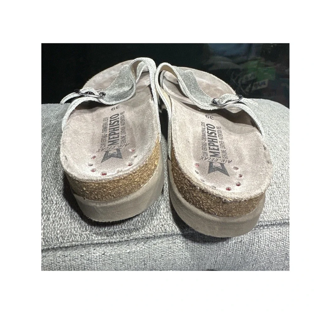 Mephisto Helen Silver Metallic Leather Cork Footbed Sandals Womens 39 France - Picture 4 of 5